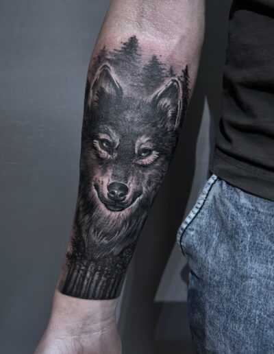 Realistyczny tatuaż wilka na przedramieniu wykonany w studiu Omerta Tattoo, Wrocław