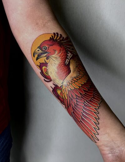Neotradycjonalny, kolorowy tatuaż feniksa na przedramieniu wykonany w studiu Omerta Tattoo, Wrocław