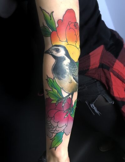 Neotradycjonalny, kolorowy tatuaż ptaka na przedramieniu wykonany w studiu Omerta Tattoo, Wrocław